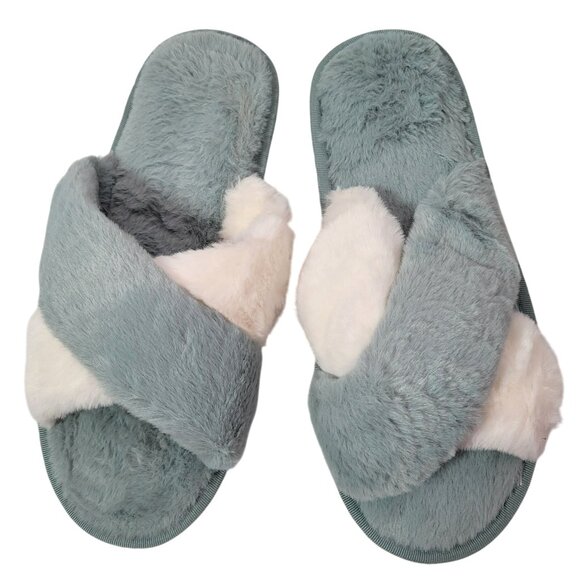 Women's Blue & White Cross-Strap Faux Fur Slide Slippers Size 11 - Picture 1 of 7
